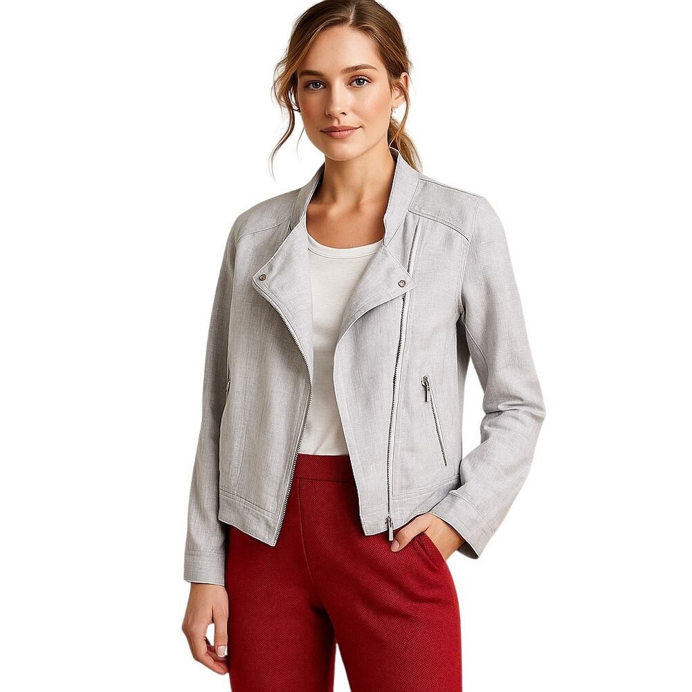 LOFT Light Gray Linen Moto Jacket XL Y2K Core Minimalist Vibe